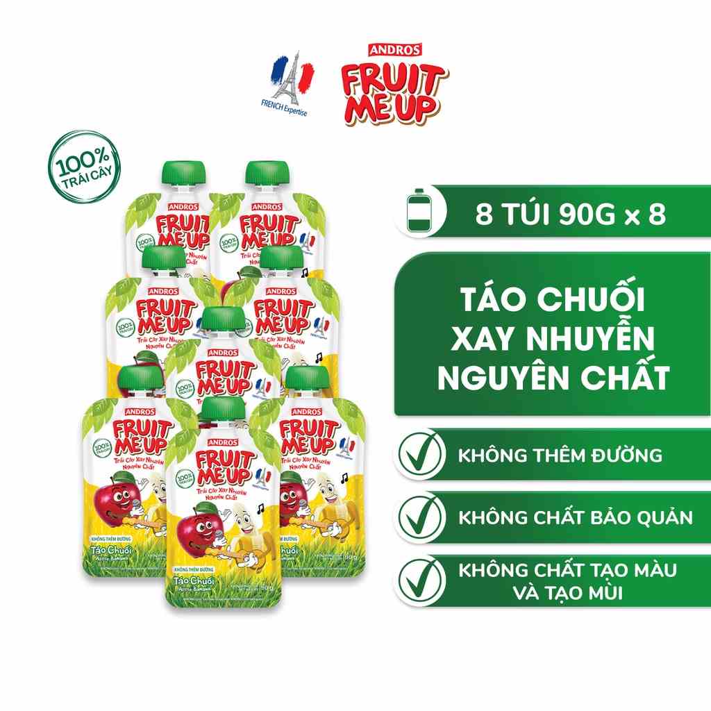 Combo 8 túi Trái Cây Xay Nhuyễn Vị Táo chuối - 100% trái cây thật - ANDROS FRUIT ME UP - 90gx8