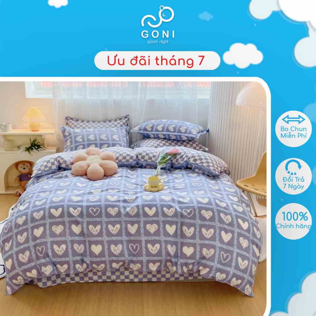 Bộ Chăn Ga Gối Cotton Tici GONI Drap Giường Hoạ Tiết Trái Tim Tím Mộng Mơ Đủ Kích Thước Trải Nệm Không Kèm Ruột