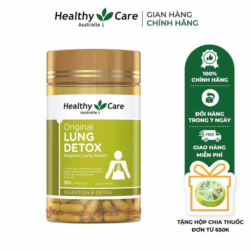 Thực phẩm chức năng Bổ phổi Healthy Care Original Lung Detox giúp thanh lọc phổi 180 viên