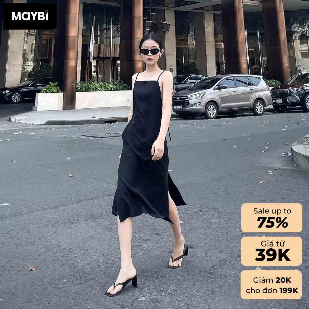 Đầm Maybi midi suông lụa 2 dây khoét lưng