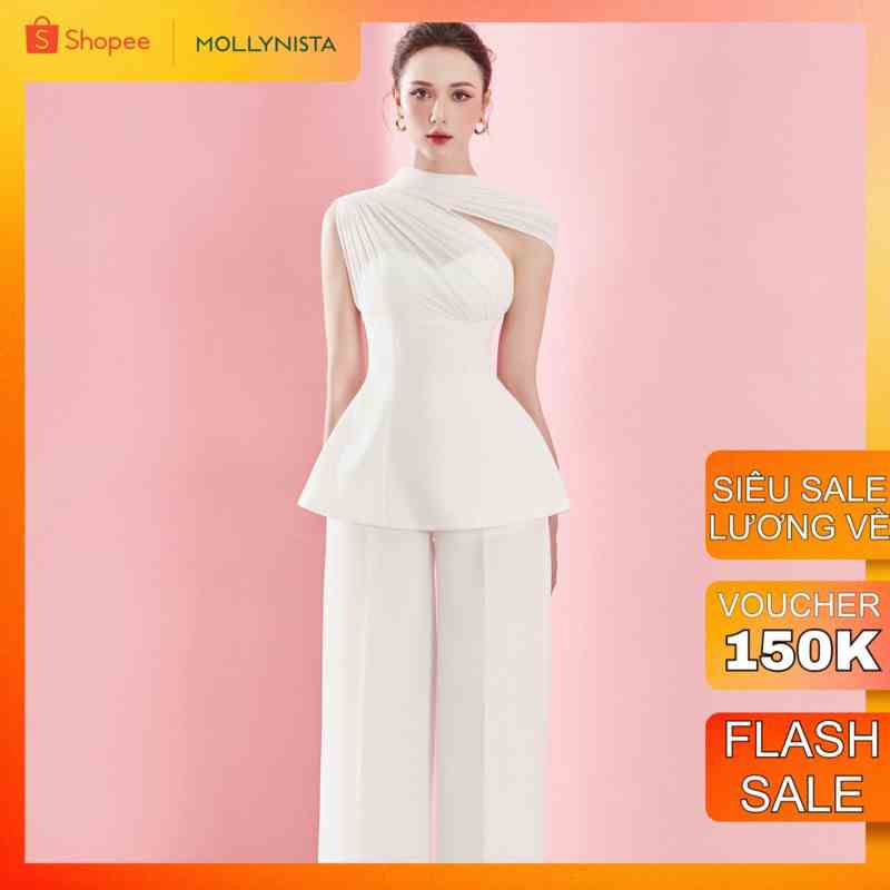 MOLLYNISTA - Áo peplum phối thun chéo cổ thanh lịch nữ tính thiết kế cao cấp công sở form ôm tôn dáng