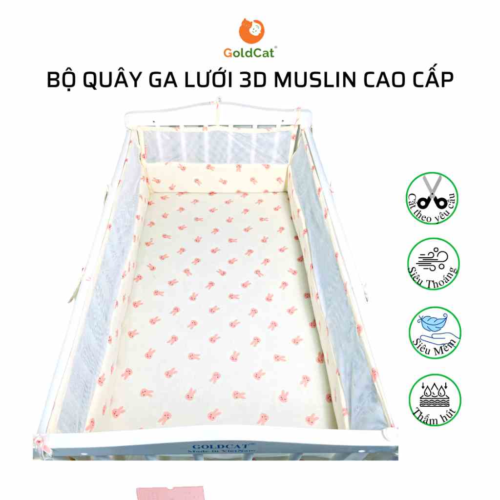 Bộ Quây Cũi Lưới Cho Bé Kèm Ga GOLDCAT QL Chất Liệu Vải Xô Muslin Cao Cấp Mềm Mịn Lõi Bông Tự Nhiên