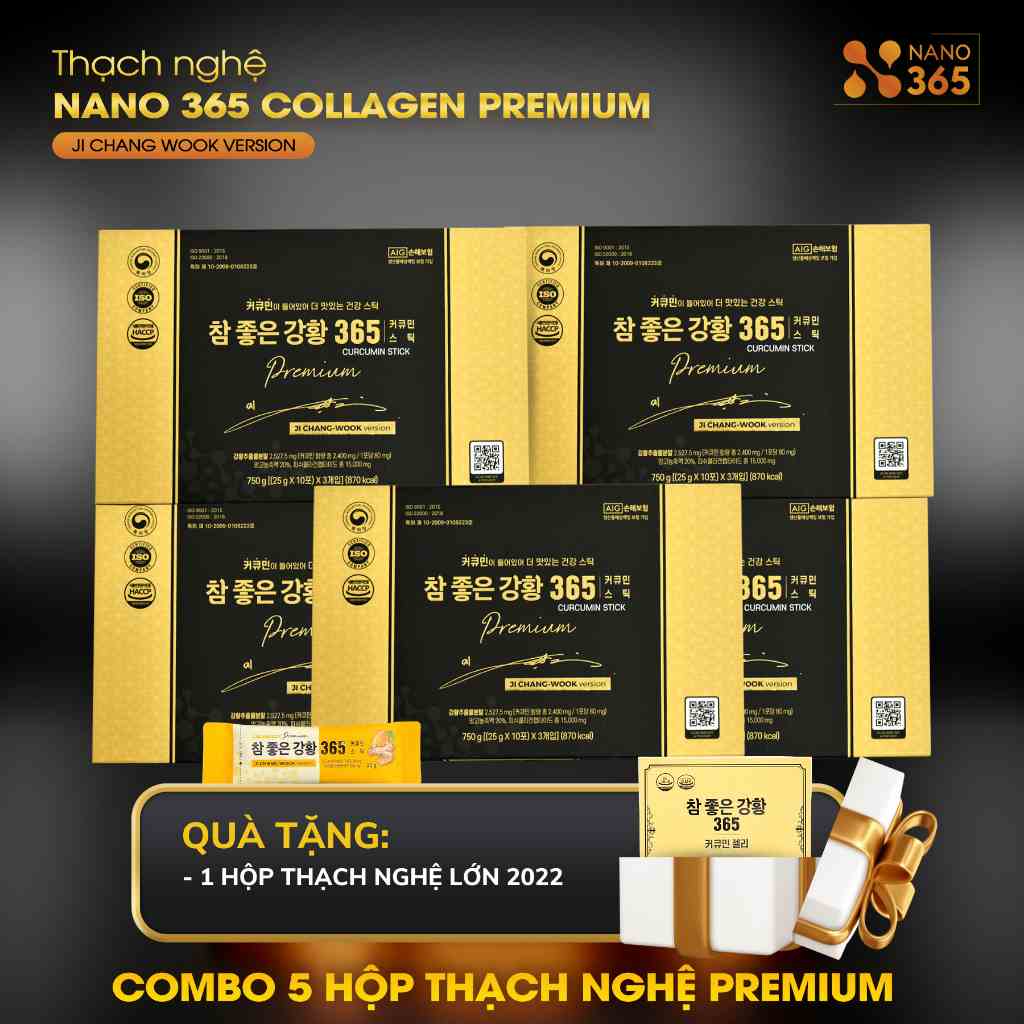 [BẢN NÂNG CẤP-COMBO GIA ĐÌNH] Thạch Nghệ Nano Curcumin 365 Collagen Premium 5 Hộp lớn 30 thanh + QUÀ TẶNG