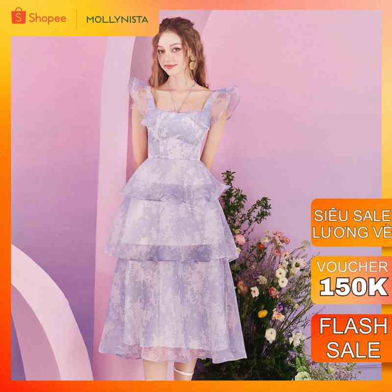 MOLLYNISTA - Đầm hoa organza 3 tầng thanh lịch nữ tính thiết kế cao cấp form ôm tôn dáng