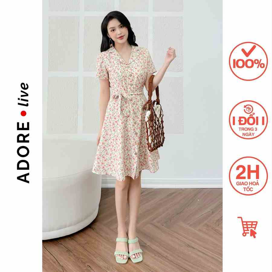 Đầm Mini dresses cổ tim lụa hoa nhỡ nude khuy dừa 321DR1072 ADORE DRESS