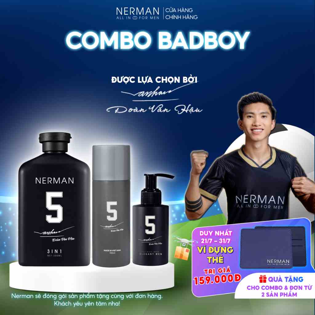 Combo Badboy Nerman - Sữa tắm gội 3in1 hương nước hoa cao cấp 350ml & Gel vệ sinh nam 100ml & Nước hoa khử mùi 100ml