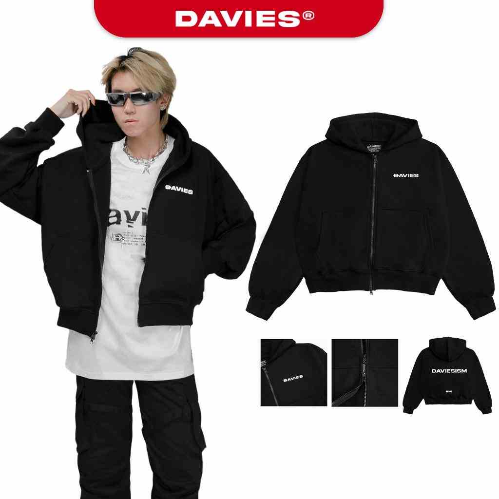 Áo khoác local brand Hoodie Zip Boxy Daviesism có nón màu đen DAVIES jacket I D33-AK6