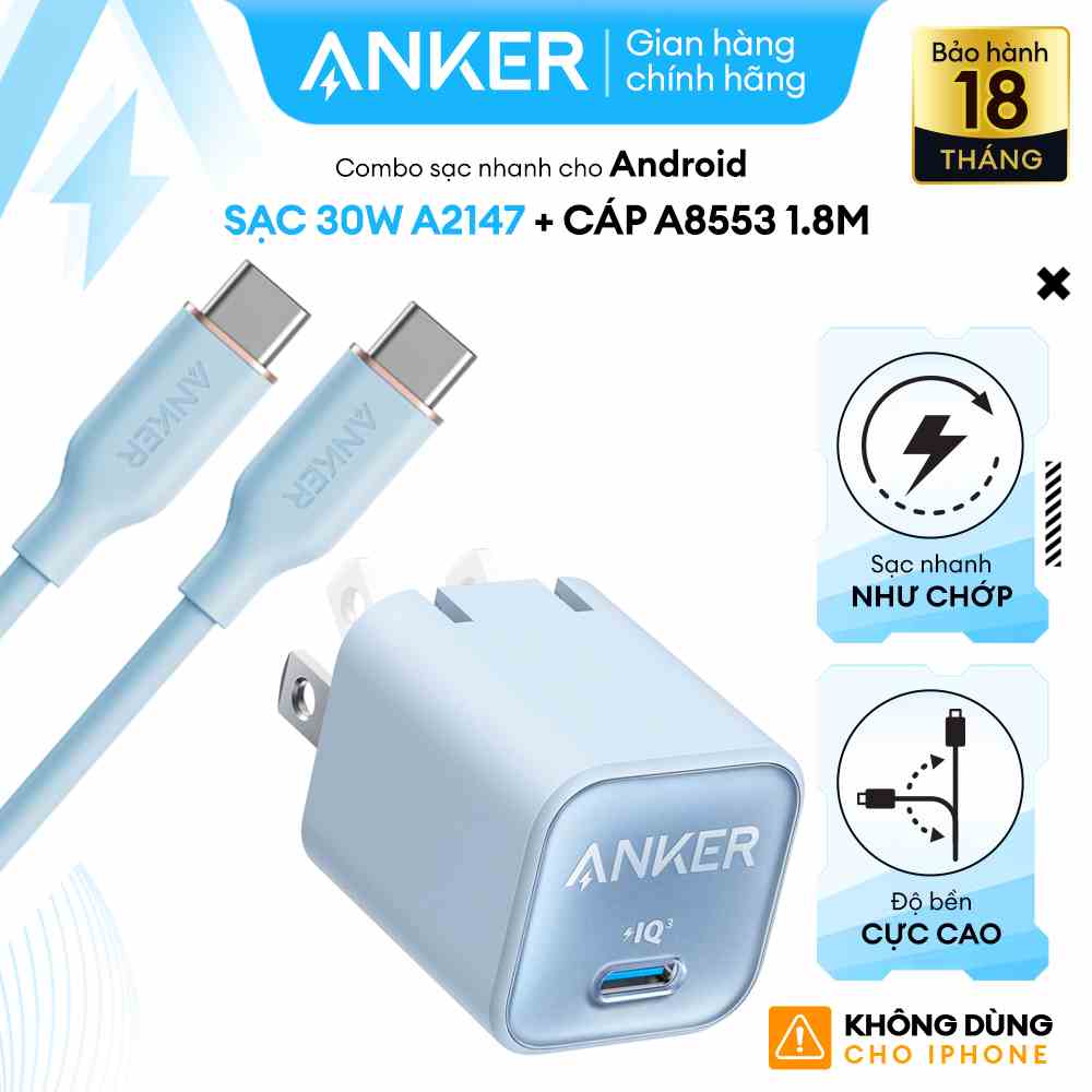 [KHÔNG DÙNG CHO IPHONE] Combo Bộ Sạc Cáp Anker Sạc Nhanh Power IQ 3.0 30W Dài 1.8M -Phù Hợp Thiết Bị Android-A2147+A8553