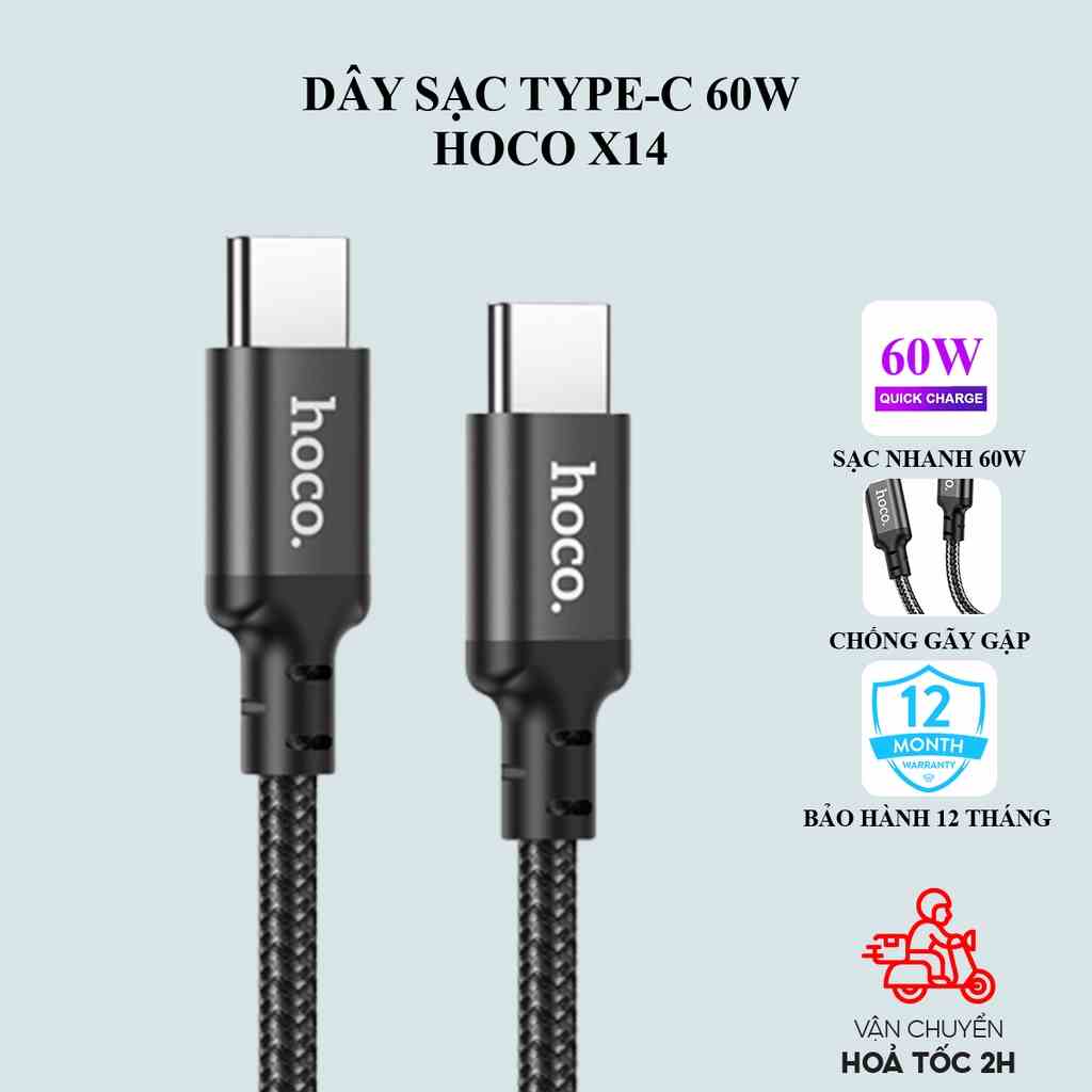 Dây sạc Hoco X14 60W cổng kết nối Type-C to Type-C, dây bọc dù chống đứt gãy, dài 1M