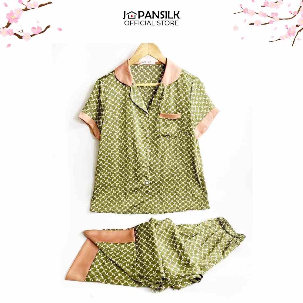 Bộ Đồ Ngủ Pijama Lụa Nhật Cao Cấp JAPAN SILK, tay ngắn quần dài họa tiết nhã nhặn, sang trọng CD078