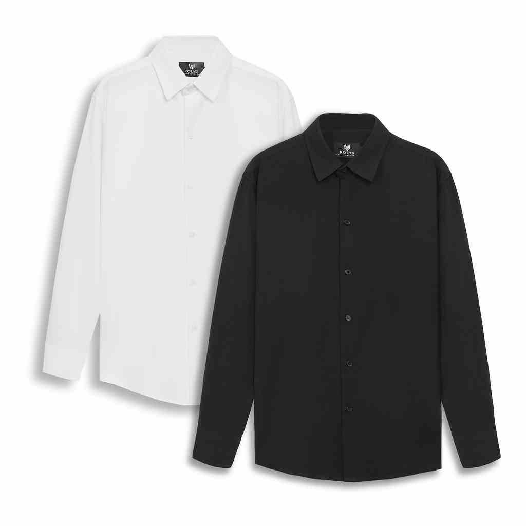 Áo sơ mi nam tay dài Trắng Đen POLYS Fullbox, Vải Chéo Thái dày dặn, co giãn, thoáng khí LONG SLEEVE