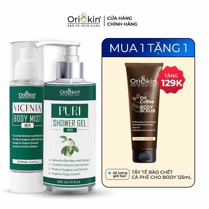 Combo Xịt Mụn Lưng , Giảm Viêm Nang Lông Dành Cho Nam Oriskin Vicenta Body Mist 100ml và Sữa Tắm Puri shower Gel 300ml