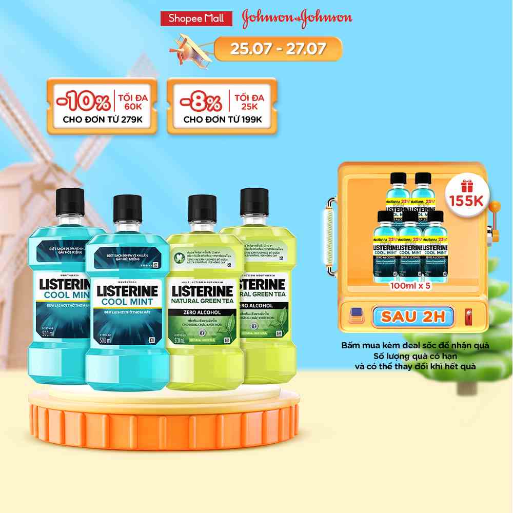 Bộ 2 Nước Súc Miệng Listerine Ngừa Sâu Răng Green Tea 500ml + 2 Nước Súc Miệng Diệt Khuẩn Listerine Cool Mint 500ml