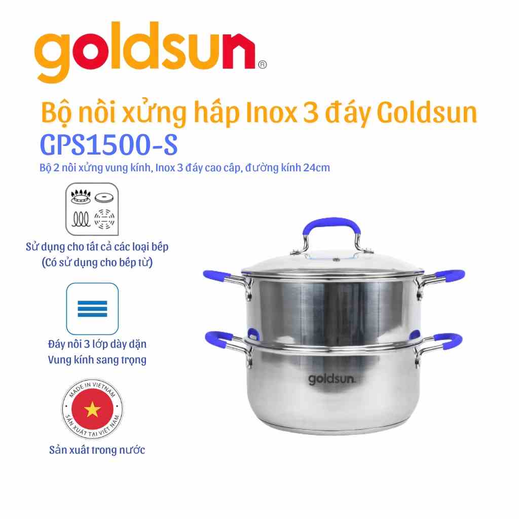 Bộ nồi xửng hấp inox goldsun GPS1500-S inox cao cấp đáy từ dùng được mọi loại bếp bảo hành chính hàng 12 tháng