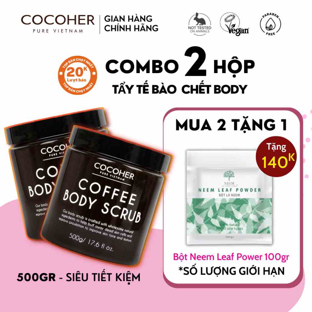 Combo 2 Hộp Tẩy Tế Bào Chết Trắng Da Cà Phê Hữu Cơ COCOHER, Tẩy Tế Bào Chết Cafe Giúp Da Mịn Màng Trắng Da 500gr