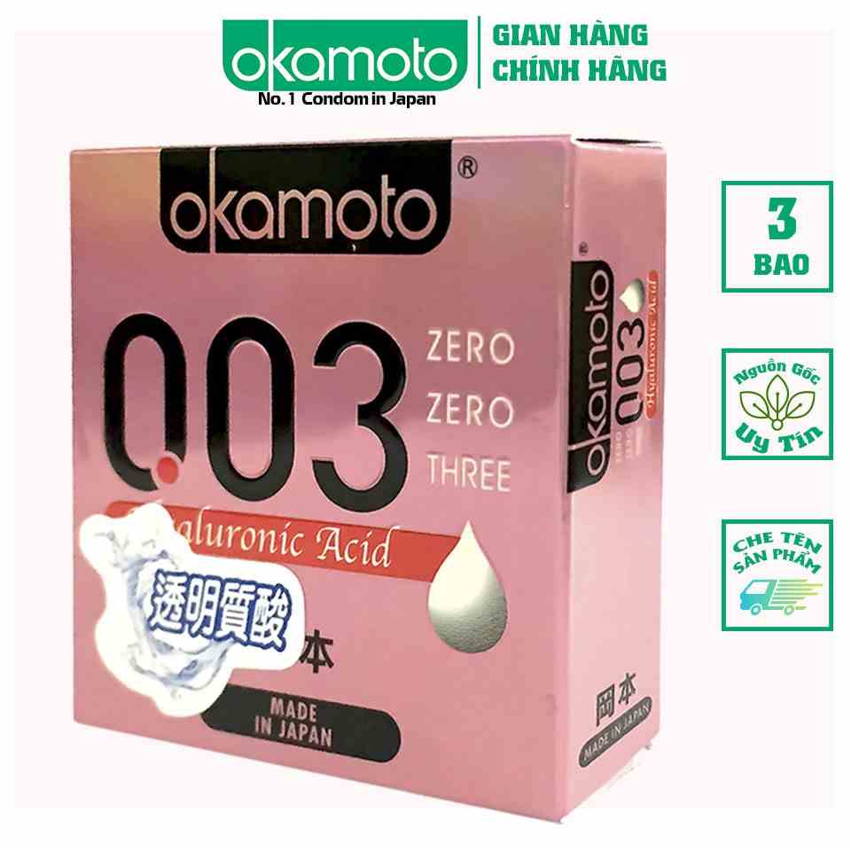 Bao Cao Su Okamoto 0.03 Hyaluronic Acid Siêu Mỏng Dưỡng Ẩm Và Bôi Trơn Hộp 3 Cái