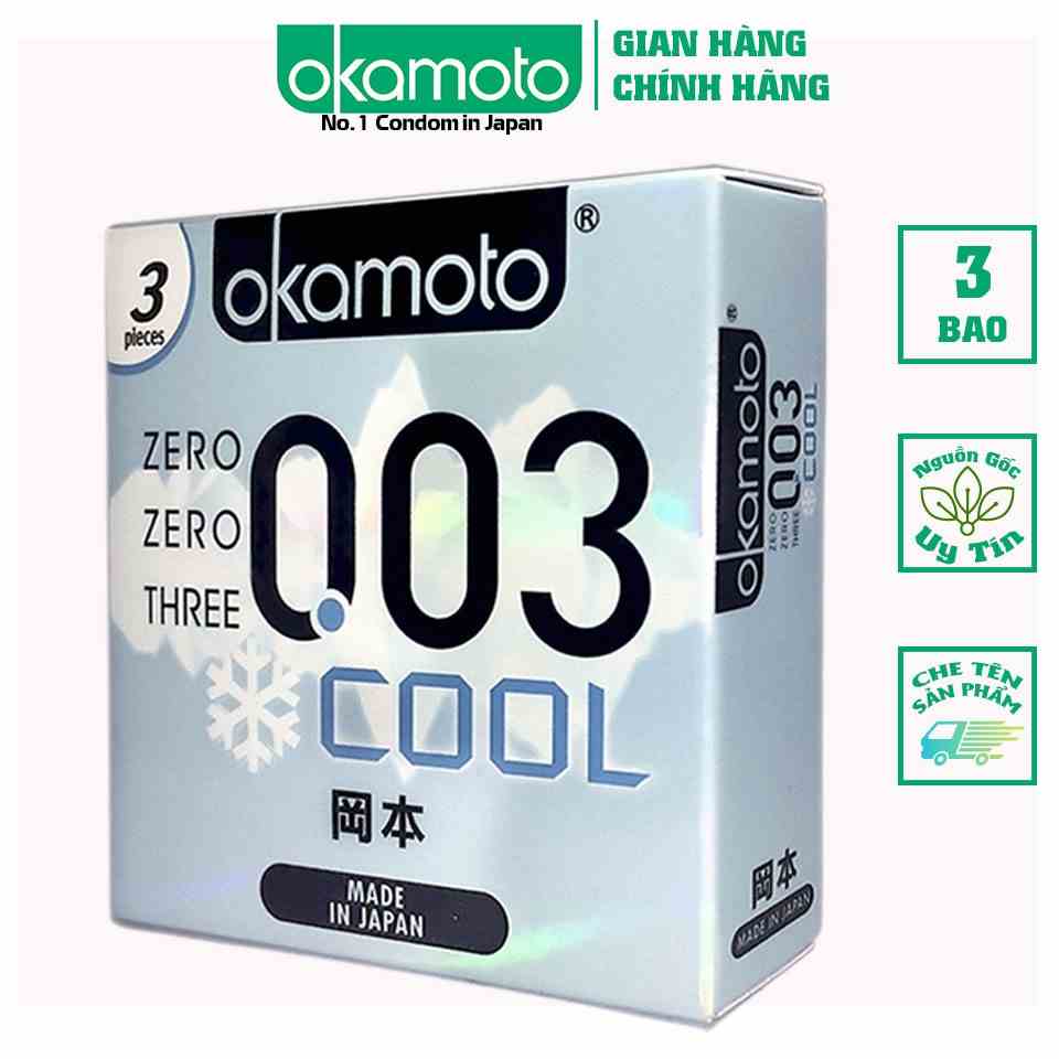 [Mã BMLTB35 giảm đến 35K đơn 99K] Bao Cao Su Okamoto 0.03 Cool Siêu mỏng Bóng Láng Mát lạnh Hộp 3 Cái