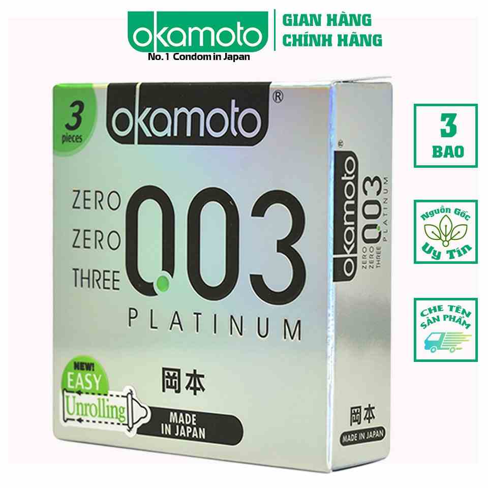 [Mã BMLTB35 giảm đến 35K đơn 99K] Bao cao su Okamoto 0.03 Platinum Trong Suốt Mềm Mại Hộp 3 Cái