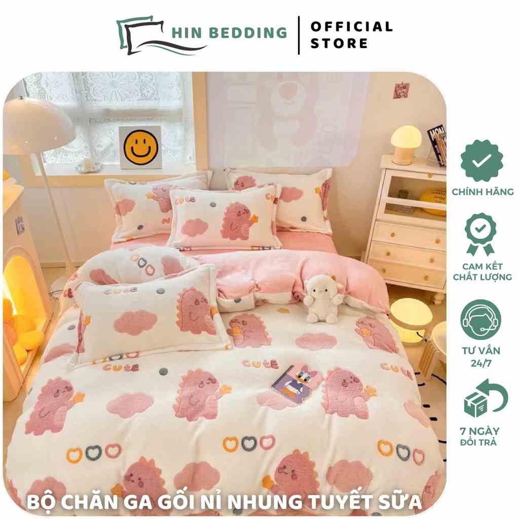 Bộ Chăn Ga Gối Nỉ Nhung 3D Tuyết Sữa HIN BEDDING, Chăn Ga Nỉ Nhung Cao Cấp Mềm Mịn ĐỦ Kích Thước Có Sẵn