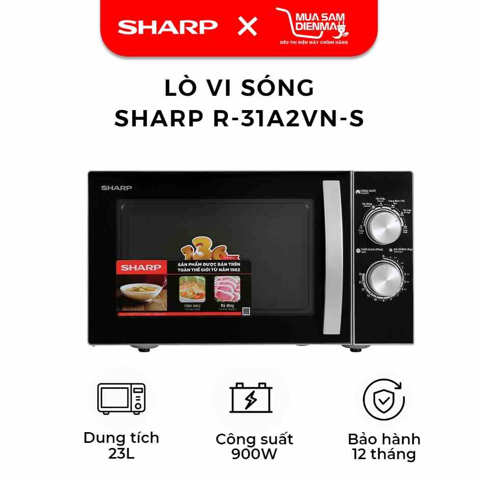 [Mã BMLTB200 giảm đến 100K đơn 499K] Lò Vi Sóng Cơ Sharp R-31A2VN-S 23L, [900W, Hẹn Giờ] - BH 12 Tháng