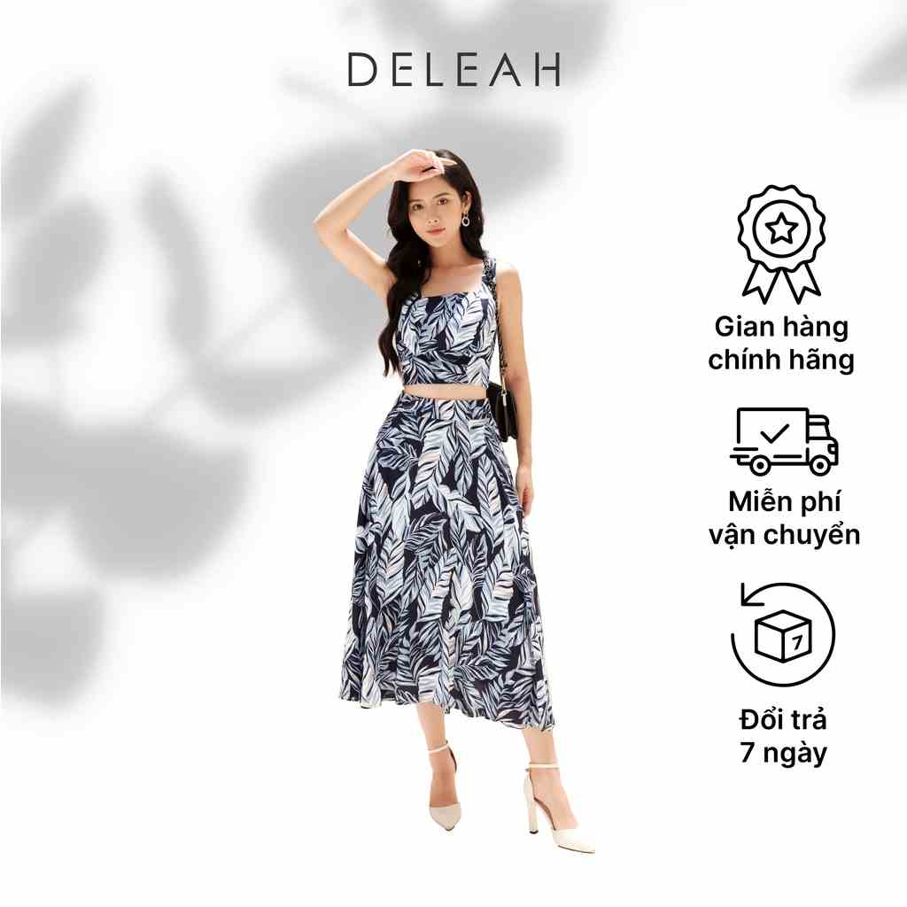 Bộ váy midi xòe De Leah in họa tiết lá nổi bật chất liệu lụa lanh mềm mịn mặc lên dễ chịu