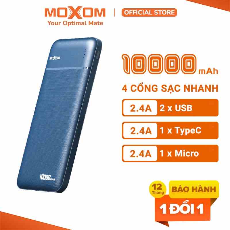 Pin sạc dự phòng 10000mAh MOXOM PB53 công suất 2.4A, 2 Output USB, 1 Input Type-C, 1 Input Micro