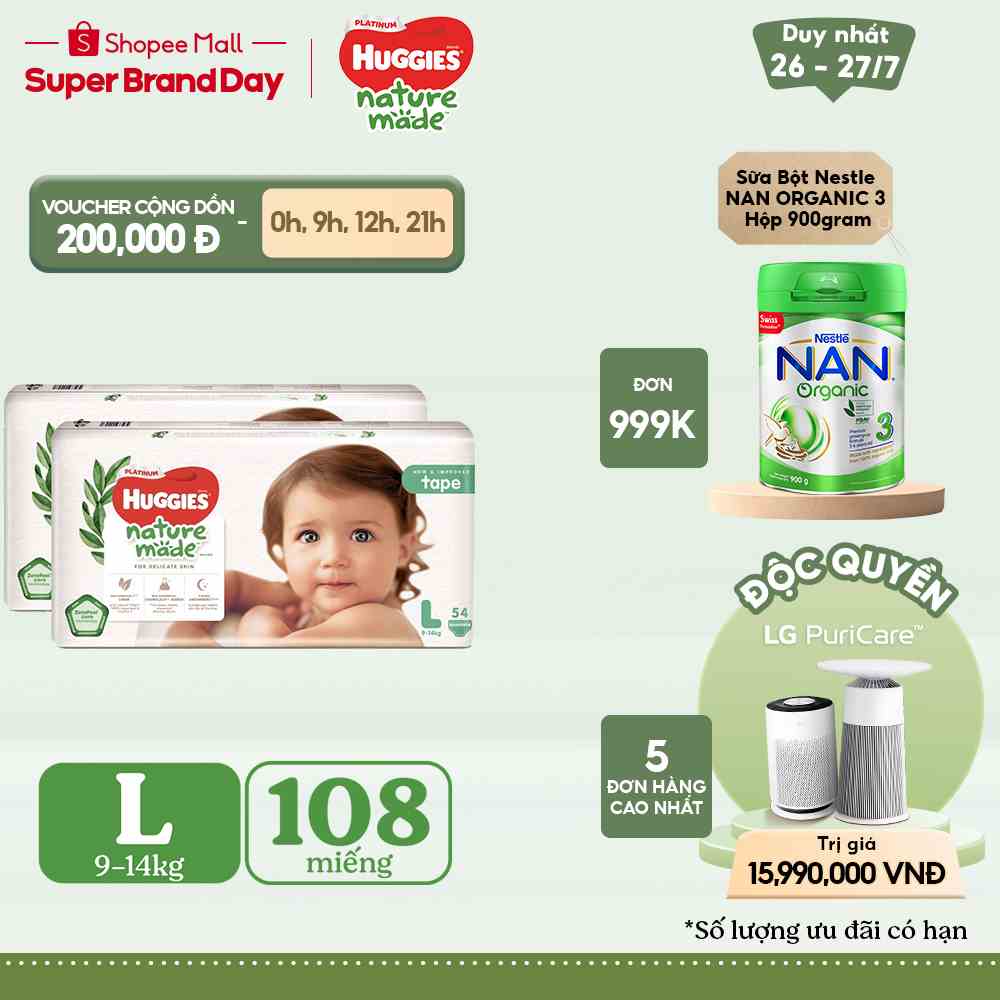 [HUGFEB15 -10% max 60k đơn 400k] Combo 2 Tã Dán Huggies Platinum Nature Made Size L54