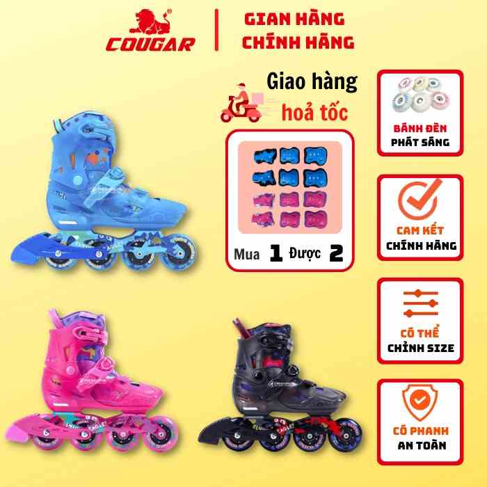 Giày Patin Trẻ Em COUGAR - Flying Eagle S8, Có 8 bánh đèn phát sáng, tặng kèm phụ kiện tay chân