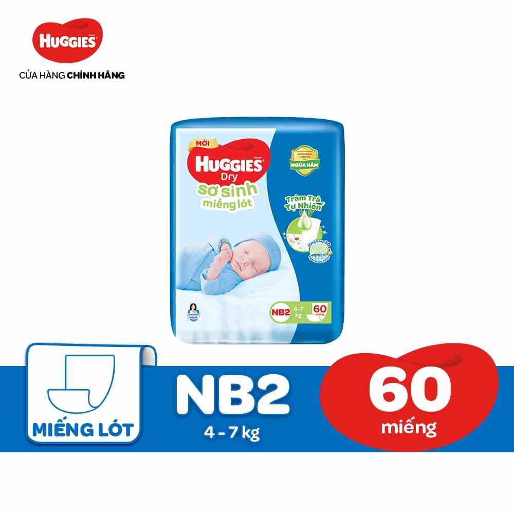 Miếng lót sơ sinh NB2 Huggies Dry Tràm Trà Tự Nhiên 60 miếng:Chính Hãng