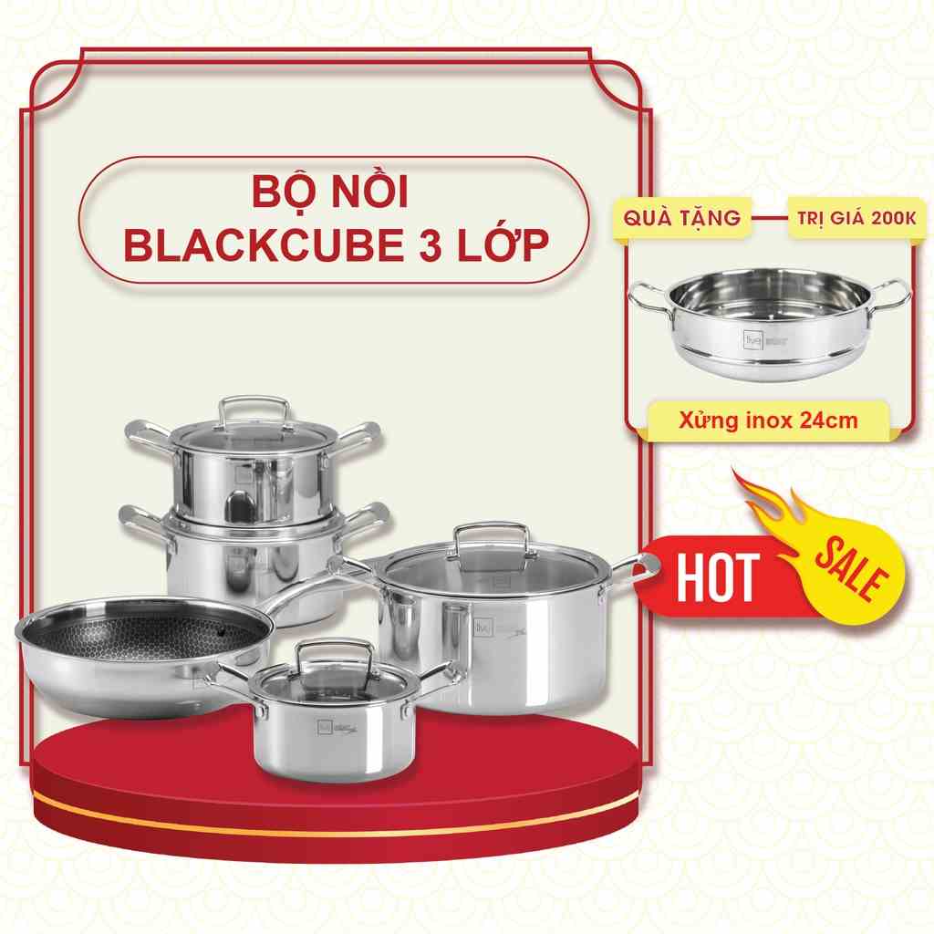 Bộ nồi chống dính 3 lớp đáy liền inox 304 BlackCube Fivestar Plus nắp kính công nghệ chống trầy xước , dùng được mọi bếp