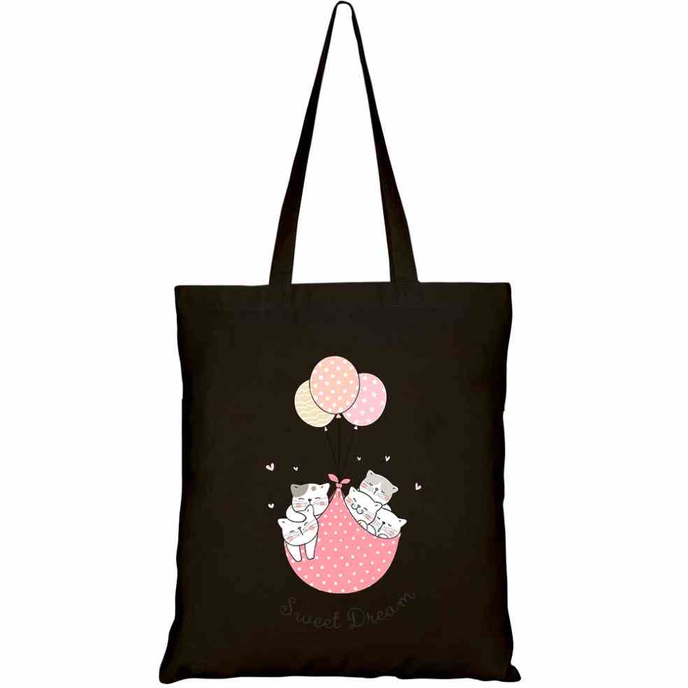 Túi Tote GINKO Vải Canvas có dây kéo khóa (có túi con) in hình draw cat sleeping with sweet balloon HT83