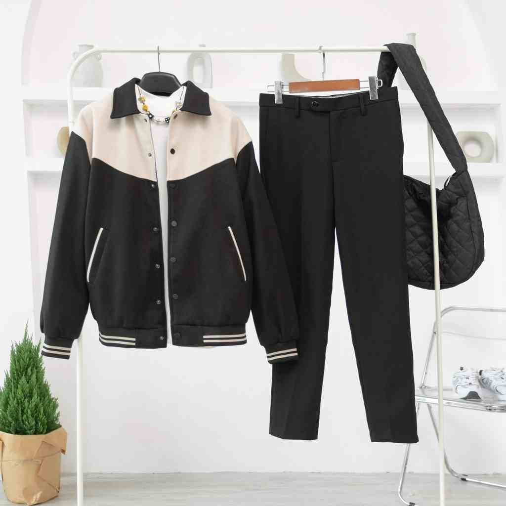 Áo Khoác Bomber Varsity Nam MANDO Chất Liệu Dạ Phối Màu Đen Be Form Rộng Unisex Thời Trang Hàn Quốc BOB007