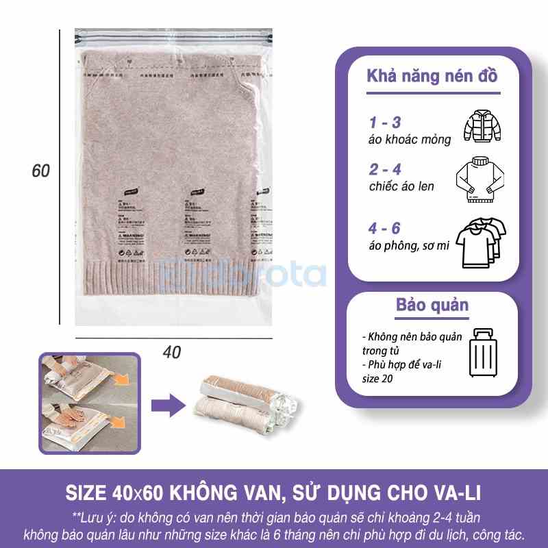 Túi zip chân không quần áo DOROTA không dùng được máy hút tái sử dụng dạng cuộn tròn 40x60cm JY460