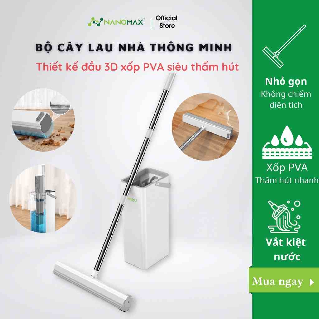 Cây Lau Nhà Thông Minh Tự Vắt 360 Độ NANOMAX Đầu Lau Bằng Xốp Cao Cấp PVA Siêu Thấm Hút Gọn Nhẹ Sạch Mọi Ngóc Ngách