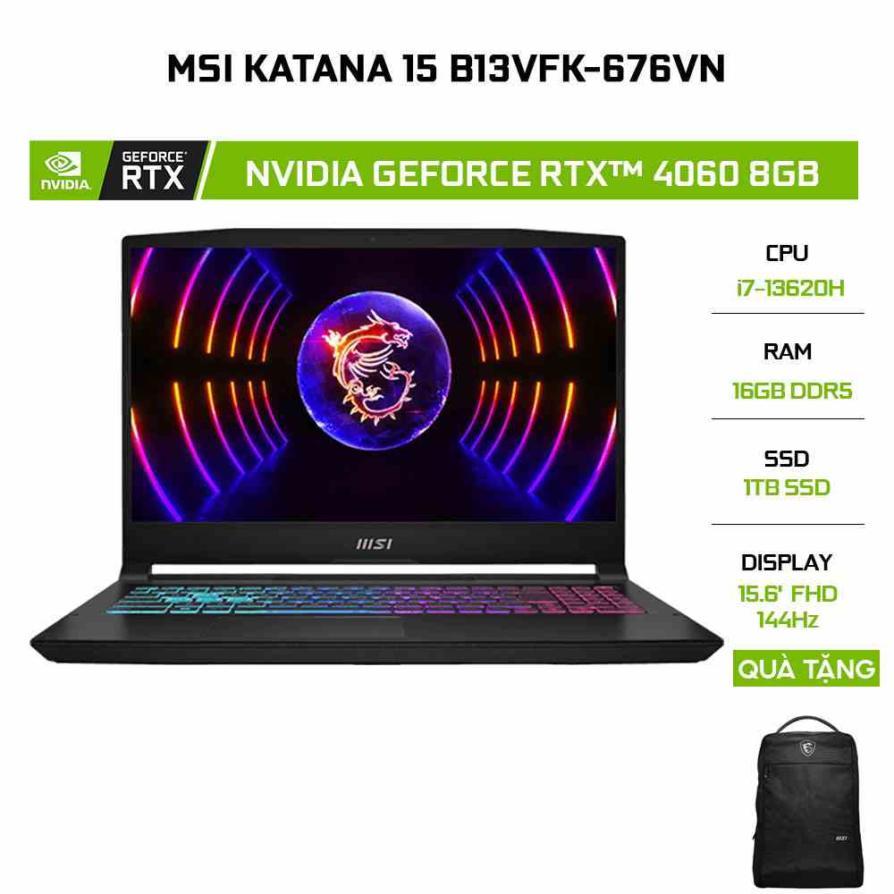 [Mã ELCL12 giảm 12% đơn 10TR] Laptop MSI Katana 15 B13VFK-676VN i7-13620H 16GB 1TB GeForce RTX 4060 8GB 15.6 Win 11