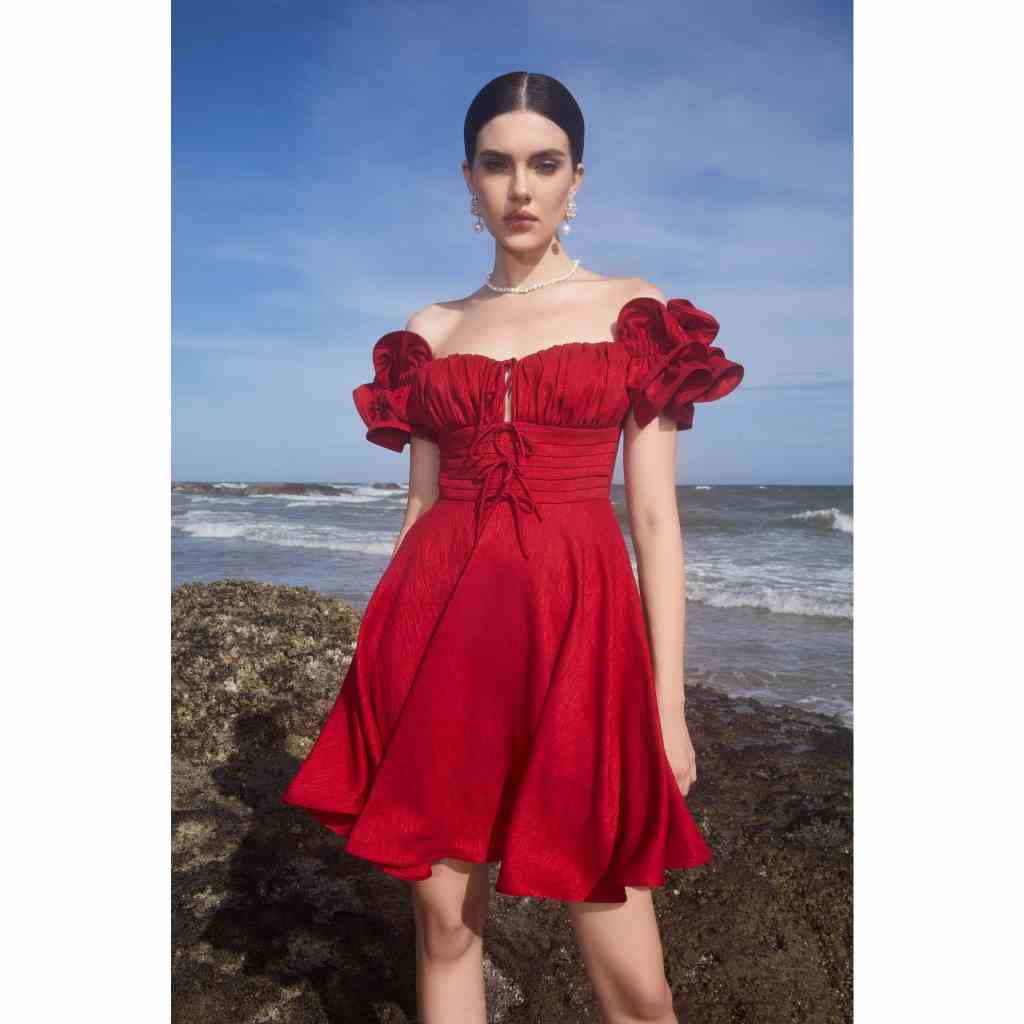 MAVEN - Váy đỏ xoè trễ vai đính nơ Rosalyn Dress