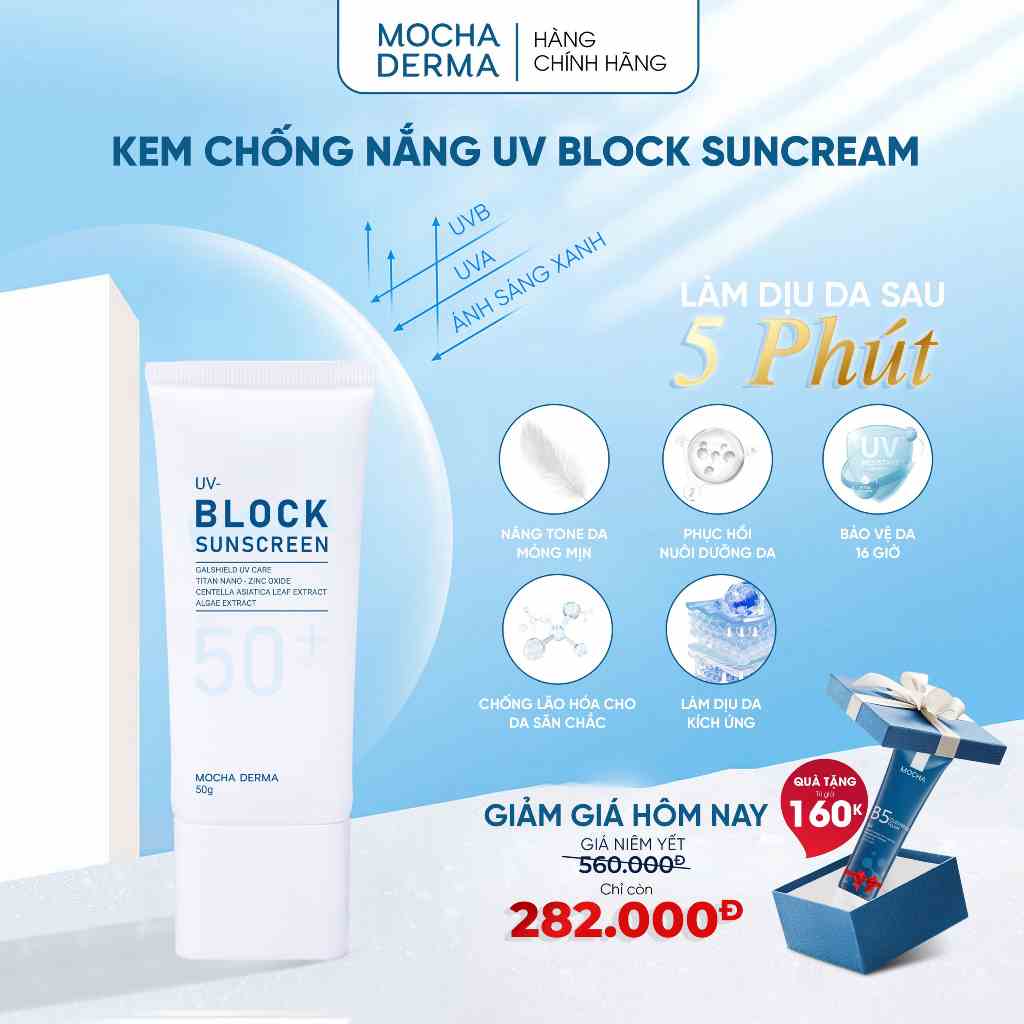 Kem Chống Nắng Mocha Derma SPF 50 PA+, Nâng Tone, Phục Hồi, Bảo Vệ Da Khỏi Tia UVA Và UVB 50g