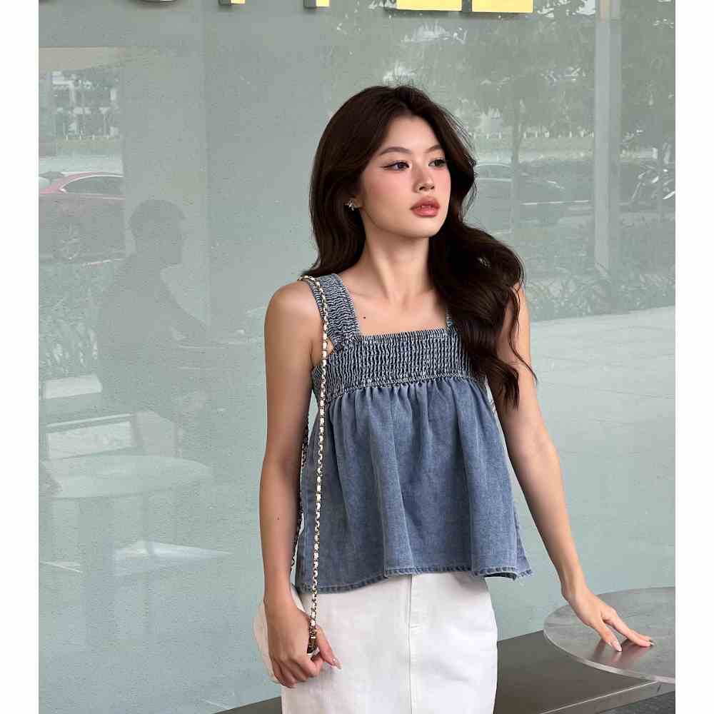 Áo jeans LYRA 2 dây dáng xòe chun ngực dây áo phong cách trẻ trung- CSYAC0152