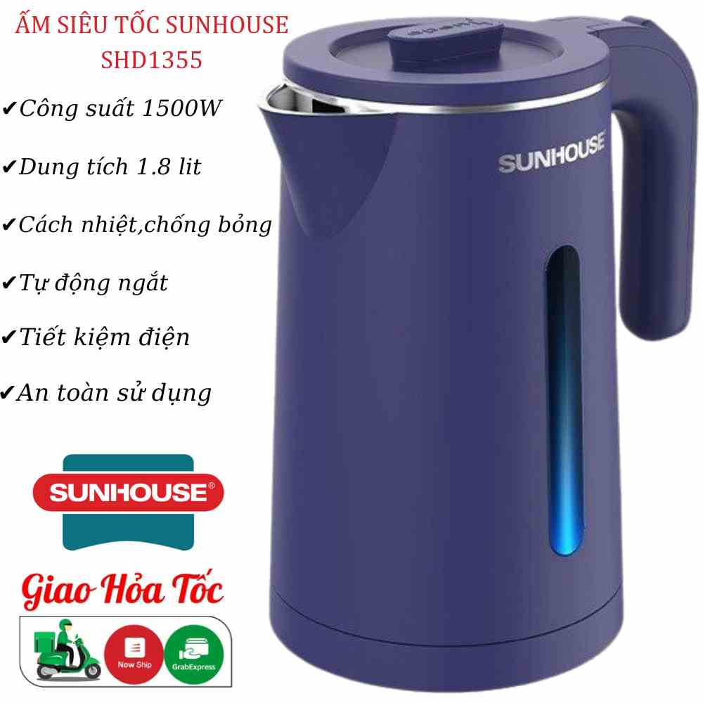 Ấm siêu tốc Sunhouse SHD1355, Công suất 1500W, Dung tích 1.8 Lít, Chống rỉ sét, Bảo hành 12 tháng