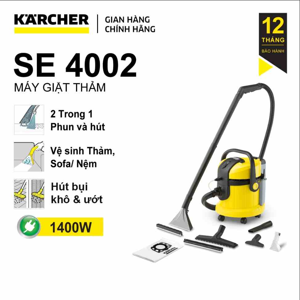 Máy làm sạch thảm, ghế sofa, nệm và hút bụi đa năng Karcher SE 4002 công suất trên 1000 watts