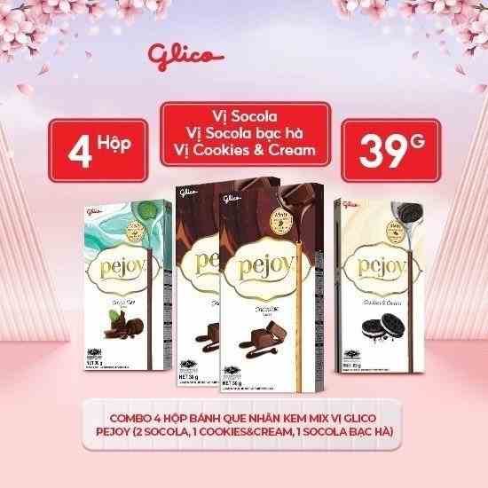 Combo 4 hộp Bánh que nhân kem mix vị GLICO Pejoy (2 Chocolate 1 Cookies & Cream 1 Choco Mint)