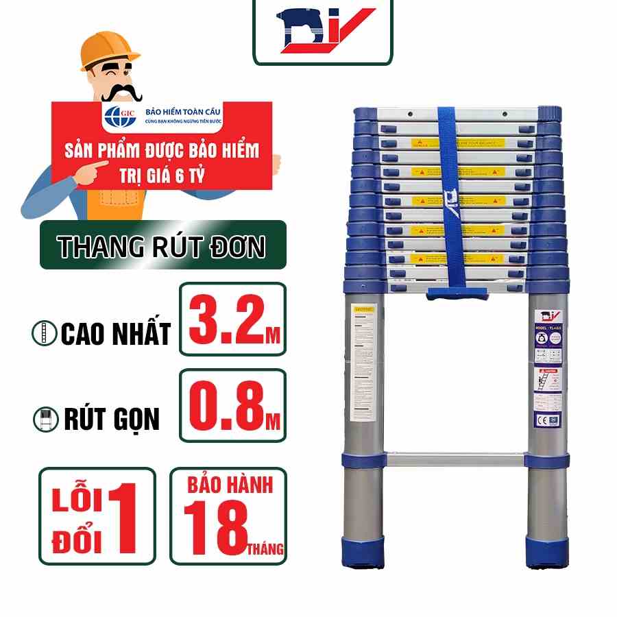 Thang nhôm rút đơn cao cấp DIY 3.2m - 3.8m - 4.4m - 5.0m - tải trọng 150kg, đế cao su chống trượt, nút khóa chắc chắn