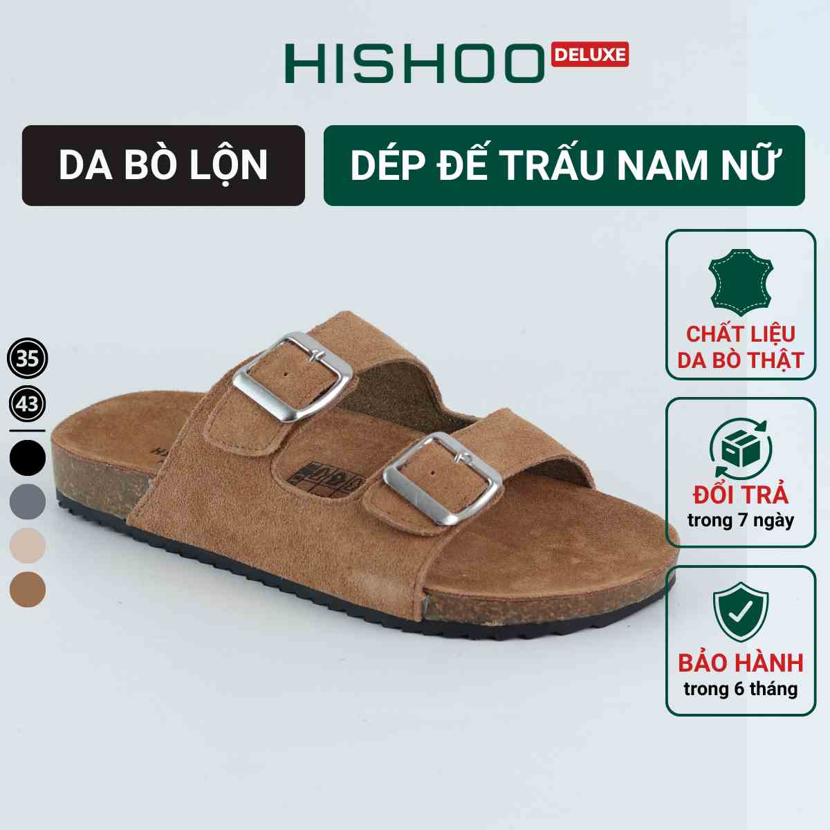 Dép Đế Trấu Nam Nữ Birken Quai Ngang 2 Khóa Chất Liệu Da Bò Hishoo R093