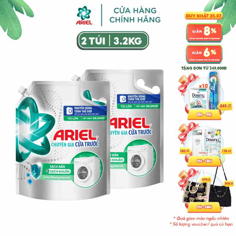 Combo 2 Túi Nước Giặt Ariel Cửa Trước Hương Downy nắng sớm 3.2Kg/túi