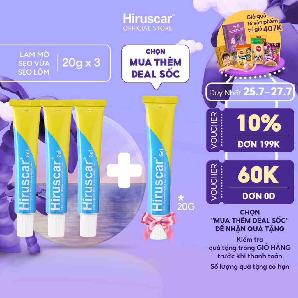 Bộ 3 Gel cải thiện sẹo vừa, sẹo lõm, sẹo thâm Hiruscar Gel 20g