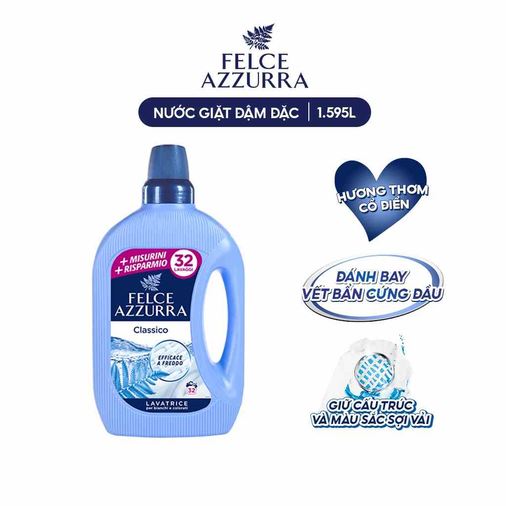 Nước Giặt Đậm Đặc Felce Azzurra Hương Nước Hoa Cổ Điển Giúp Đánh Bay Các Vết Bẩn Cứng Đầu Chỉ Với 1 Lần Giặt 1.595 L