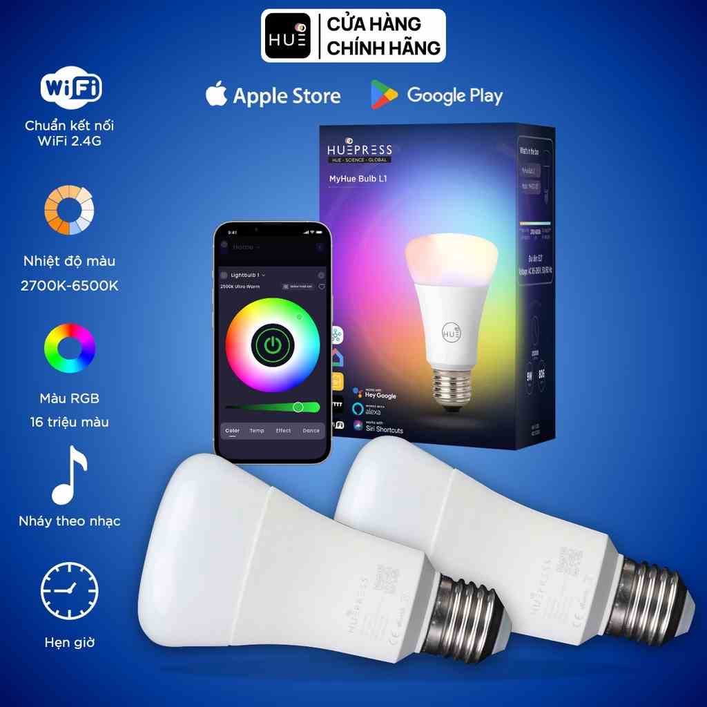 [Mã BMLTB200 giảm đến 100K đơn 499K] Bộ 2 bóng đèn LED tròn thông minh HuePress Bulb L1 Wifi RGBCW 9W Wifi control