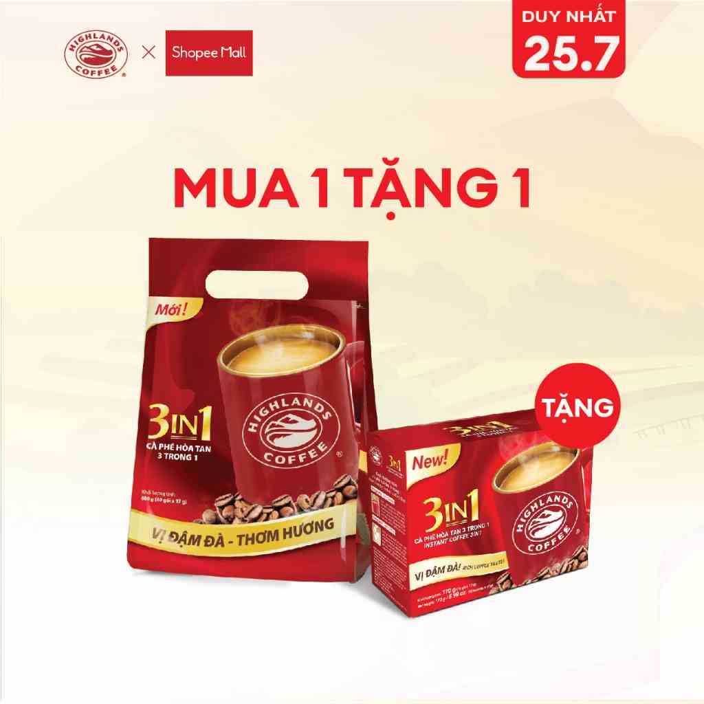 [Mua 1 tặng 1] Cà Phê Highlands Coffee 3in1 Hòa Tan (50 Gói/túi x 17g/gói)