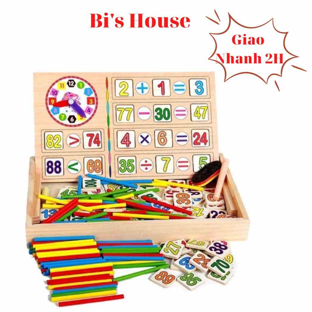 Bộ que tính 100 số đa năng- bảng 2 mặt viết phấn và bút lông, que tính bằng gỗ Bi House