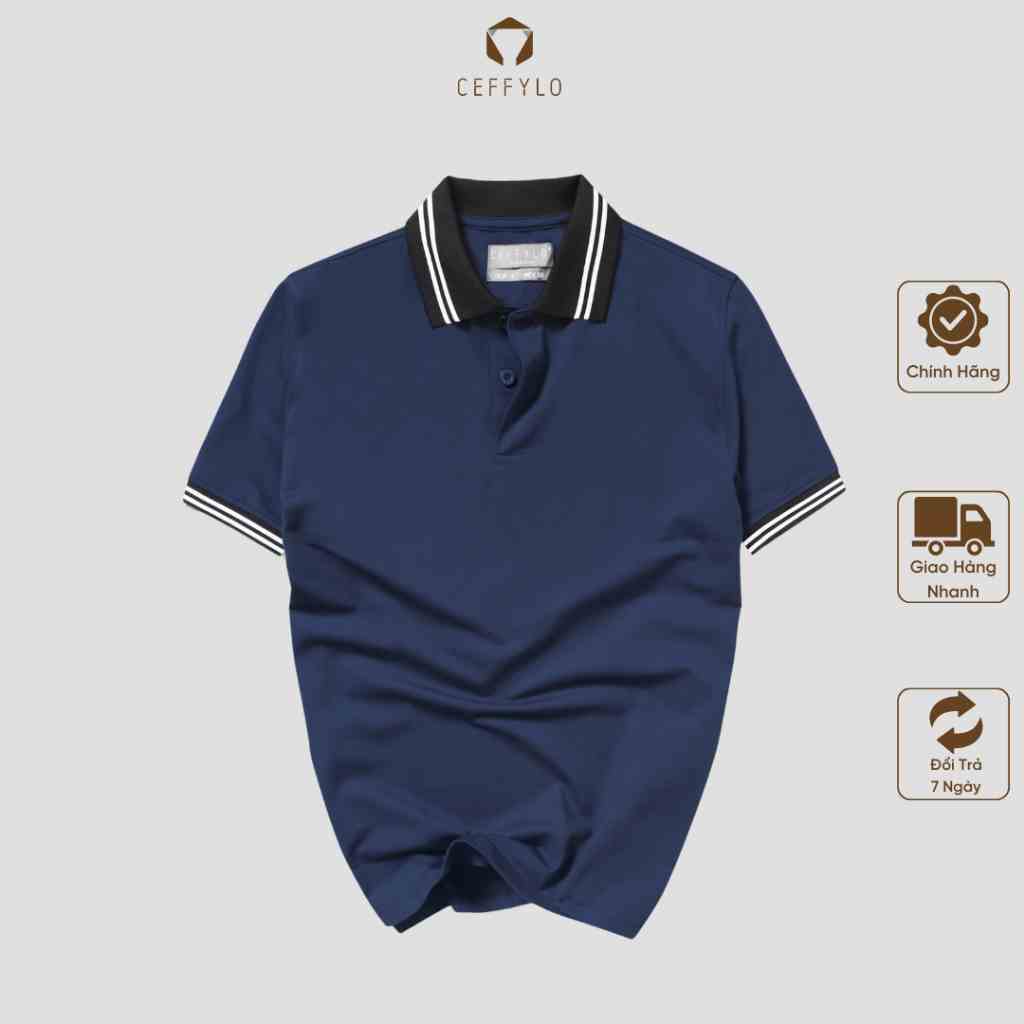 Áo Polo Nam Cộc Tay Ceffylo Phối Cổ Màu Xanh Navy Chất Liệu Cotton Kiểu Dáng Trẻ Trung Thoải mái Form Slimfit